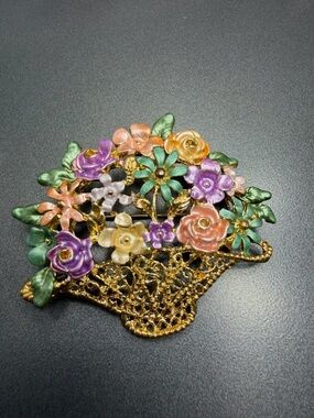 Vintage Gold Floral Bouquet Enamel Brooch - Multicolor